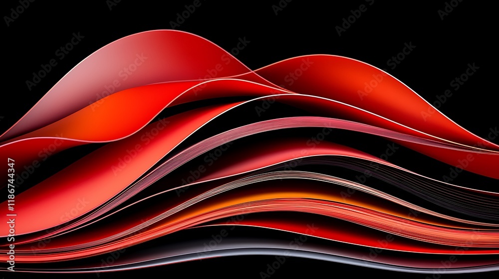 Poster abstract 3d shapes and patterns in striking red waves flowing on a black background for modern art a