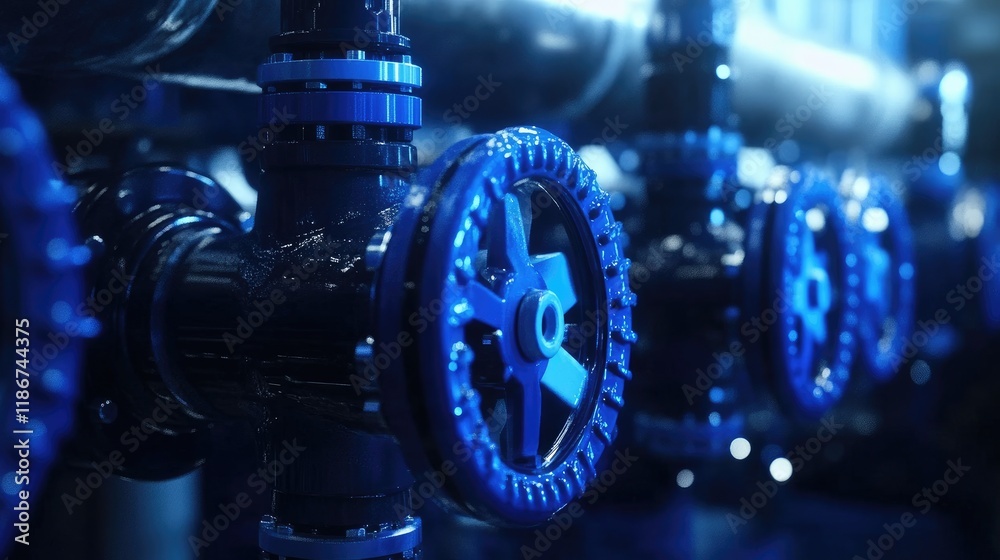 Poster a close-up of blue valves controlling the water treatment process, emphasizing the importance of inn
