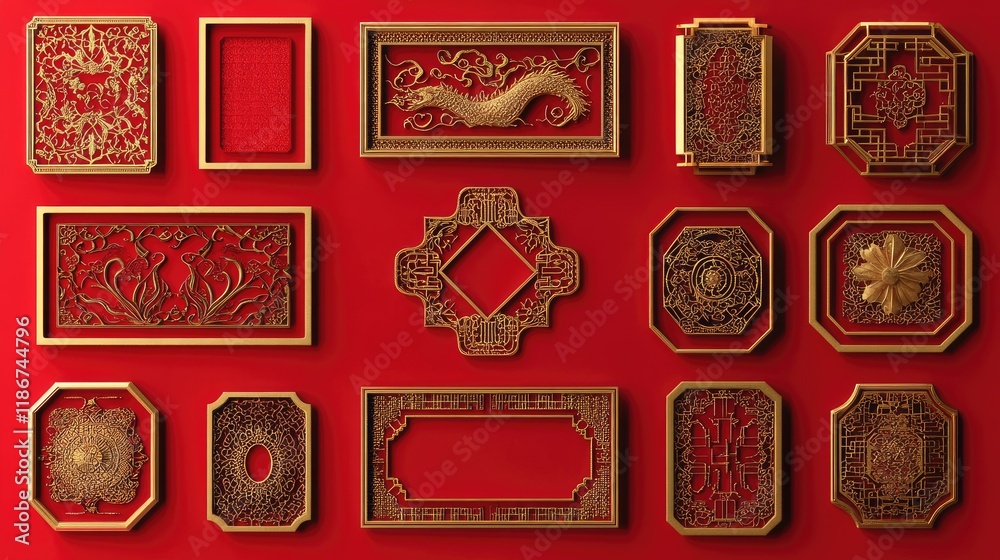 Poster a collection of chinese frame banners, featuring gold and red color schemes with intricate designs, 