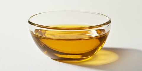 Vegetable cooking oil displayed in a glass bowl, set against a white background. This image features vegetable cooking oil, perfect for showcasing cooking ingredients or health related content.