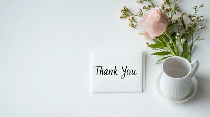Elegant thank you card with a pink rose and teacup on a white background.