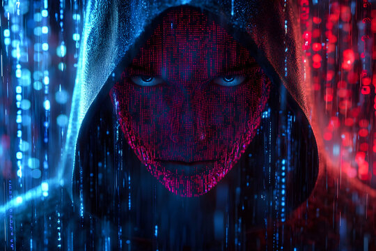 Hooded figure with pixelated face amidst colorful code and cascading binary digital rain