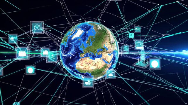 Exploring global connectivity through technology and digital networks. FVX, HUD style.
