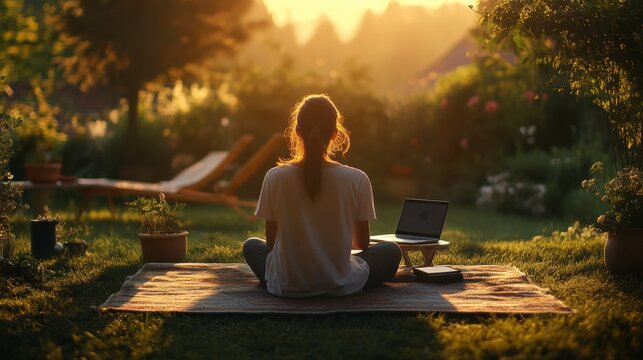Golden Hour Meditation: A serene woman sits in lotus position on a mat in a lush garden, laptop beside her, bathed in the warm glow of the setting sun, finding peace and tranquility. 