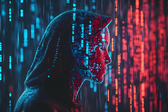 Hooded figure with pixelated face amidst colorful code and cascading binary digital rain