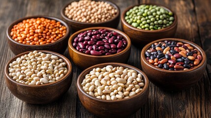 Naklejka premium Variety of assorted beans displayed in bowls against a wooden background, showcasing the diverse textures and colors of assorted beans for culinary inspiration.