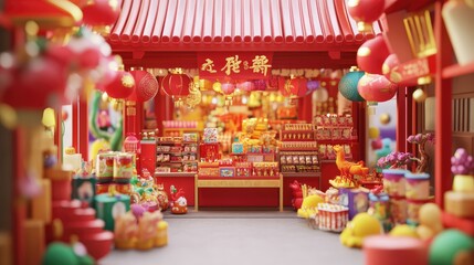 Fototapeta premium A colorful 3D design of a Chinese New Year shopping scene, with traditional decorations, products, and festive lanterns, bringing the holiday spirit to life.