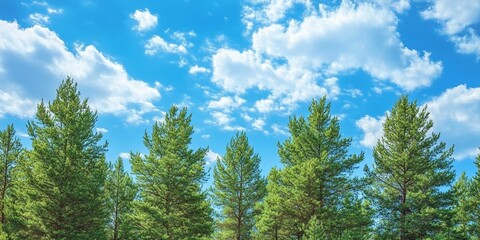 Pine trees create a serene garden view under a beautiful blue sky adorned with clouds. Enjoy the natural beauty of a garden view featuring tranquil pine trees and a clear blue sky.