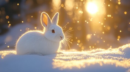 Obraz premium White rabbit sits in snowy forest at sunset with bokeh.