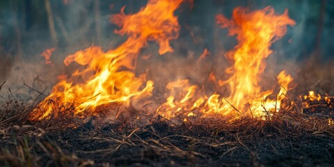 Burning dry grass in a garden can create dramatic flames. Flaming dry grass contributes to fire in the field, resembling a forest fire where stubble is intentionally burned by farmers.