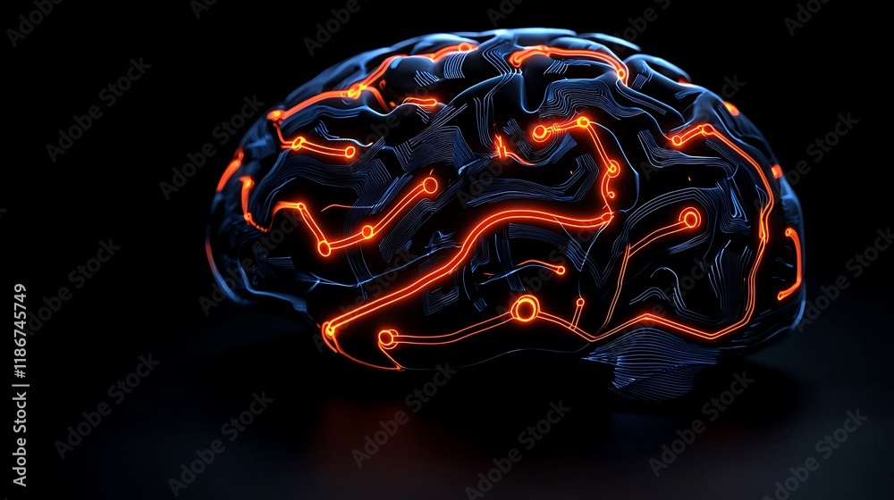 Poster striking visualization of an abstract brain with neon circuitry displaying intricate patterns and co