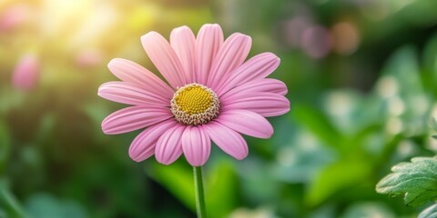 Fototapeta premium Close up of a pink daisy against a vibrant green background, highlighting the delicate beauty of the pink daisy and its intricate petal details amidst the lush greenery.