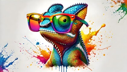 Colorful Chameleon with Rainbow Glasses and Paint Splatters