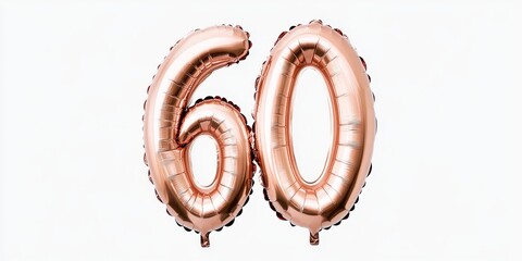 The isolated rose gold inflatable balloon displaying the number 60 is set against a white backdrop. This rose gold foil helium balloon is part of a complete alphabet set.