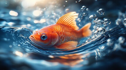 Orange Goldfish Leaping Through Sparkling Water
