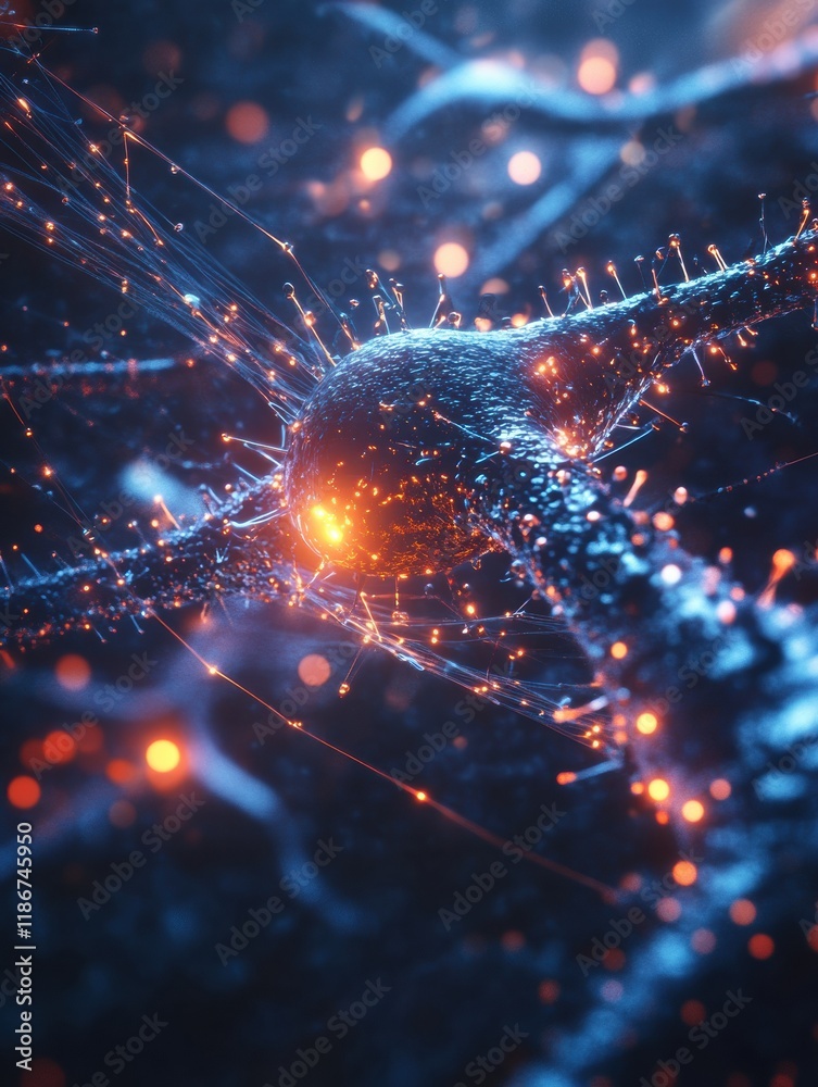 Poster Detailed 3D visualization of a virus structure showcasing capsid, spikes, and glowing RNA strands under a dark background. Generative AI