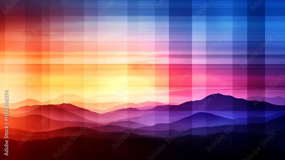 Poster surreal digital landscape featuring colorful clouds and geometric patterns with gradient effects for