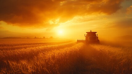 Fototapeta premium Golden Harvest Sunset Silhouette Combine Harvester Field