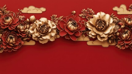 A decorative 2025 Chinese New Year horizontal border with intricate gold flowers, clouds, and Asian elements on a red background, perfect for a festive greeting.