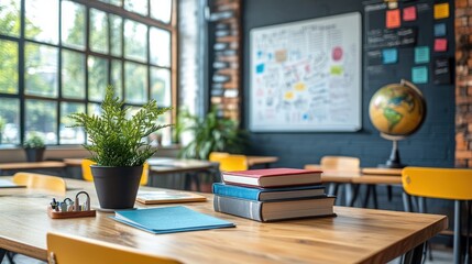 Modern Classroom Study Setup: Books, Plants, and a Globe