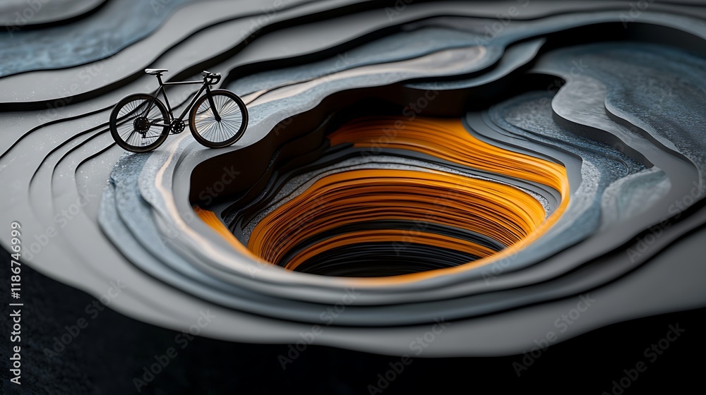 Poster surreal visualization of data streams flowing through intricate layers with a bicycle in an abstract