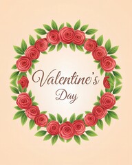 A soft cream background with a wreath of red roses and green leaves, encircling "Valentine's Day" text. Ideal for romantic cards, posters, or stickers.