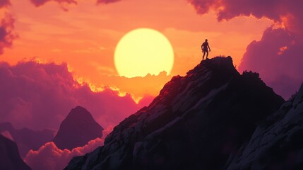 A determined climber silhouette on a rocky hill at sunset, capturing the essence of adventure and persistence.