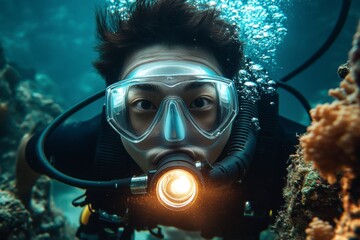 Dive into the Depths: A scuba diver with a determined look on their face, explores the underwater world, bathed in the ethereal glow of their dive light, surrounded by vibrant corals and marine life.