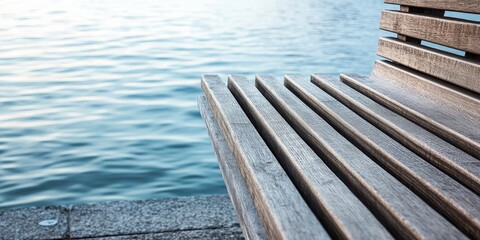 Fototapeta premium A detailed view of a wooden bench situated next to the ocean, highlighting the benchs natural wood texture in close proximity to the serene waters.