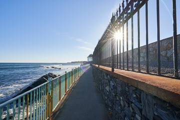 The Newport cliff walk is a 3.5 mile long walk along the coastline of Newport Rhode Island. Visitors get to view ocean waves breaking on the beautiful rocky coastline.