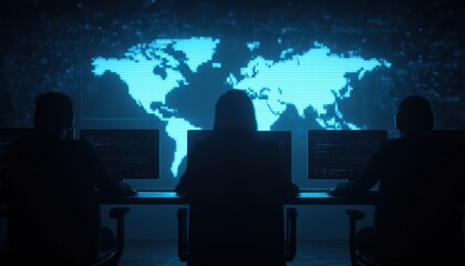 Silhouetted Team Working on Cybersecurity with Global Map Display