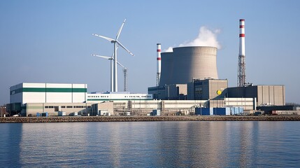 Innovative Energy Fusion: Nuclear Power Plant Alongside Advanced Wind Turbines. Abstract Marketing Background Showcasing Sustainable Technology. 32K High-Tech Industrial Design for Clean Energy Evolut