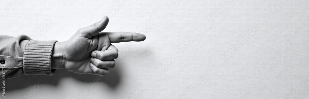 Poster Black And White Image Of Hand Finger Pointing Sign On Textured Paper Background With Copy Space Available For Text Overlay. 00003