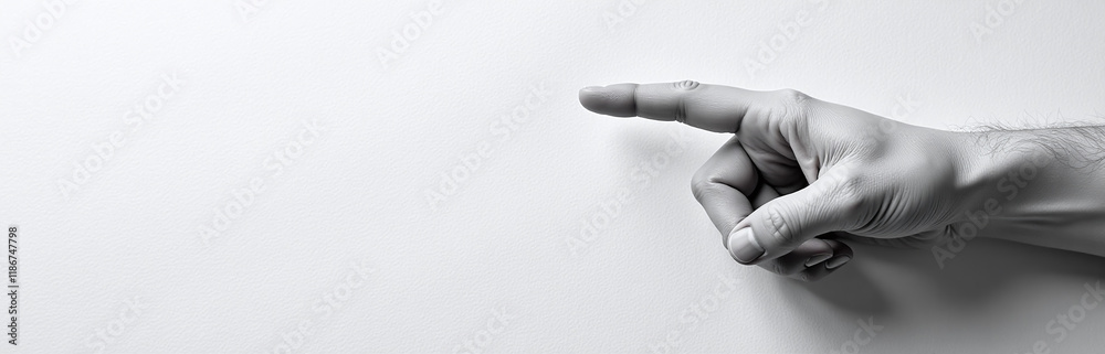 Poster Black And White Image Of Hand Finger Pointing Sign On Textured Paper Background With Copy Space Available For Text Overlay. 00002