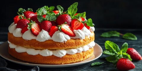 Delight in a homemade strawberry cake featuring fresh strawberries and mint. This sweet strawberry cake combines a fluffy sponge cake with juicy strawberries for a delicious treat.