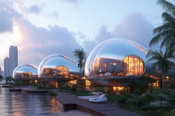 Obraz premium A stunning high-tech resort with UV-protective domes and reflective pools, blending modernity with nature