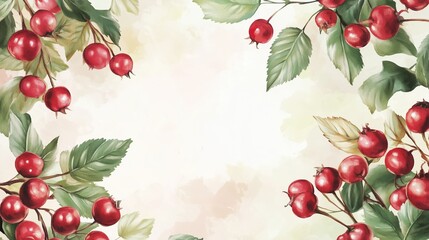 Freshly picked red berries surrounded by vibrant green leaves on a soft pastel background