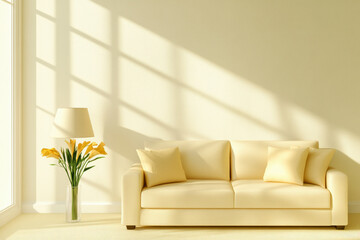Bright minimalist living room with a cozy cream sofa, elegant lamp, and fresh yellow flowers enhancing natural sunlight ambiance.