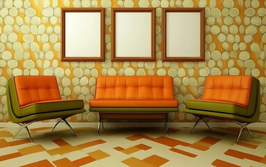 Retro orange living room, mid-century modern furniture, patterned wall, waiting area design