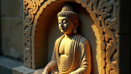 Golden Buddha sculpture in a decorative alcove, illuminated by warm light