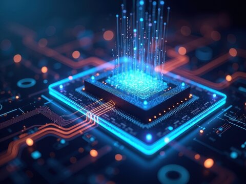 Exploration of quantum computing technology with intricate circuitry and glowing data streams in a futuristic setup