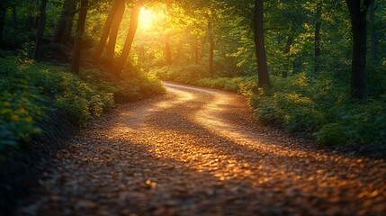 Obraz premium Sunlit Forest Path Winding Through Lush Green Trees