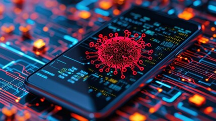 Obraz premium Digital Concept of Smartphone with Virus Illustration on Circuit Board