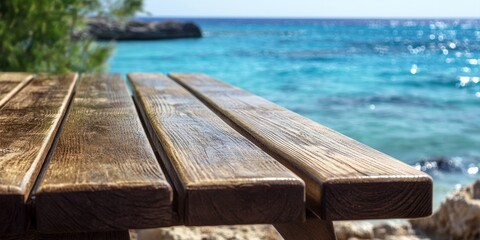 Fototapeta premium A detailed view of a wooden bench situated next to the ocean, highlighting the benchs natural wood texture in close proximity to the serene waters.
