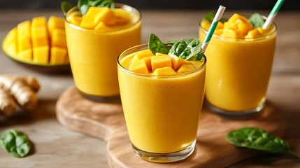 Mango smoothie with spinach and ginger features fresh ingredients that create a delicious blend. This mango smoothie showcases the vibrant flavors of mango, spinach, and ginger in every sip.