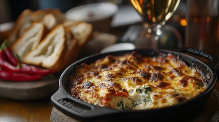 Classic Spinach and Artichoke Dip Baked in a Cast-Iron Skillet with Golden-Brown Baguette for Cozy Gatherings