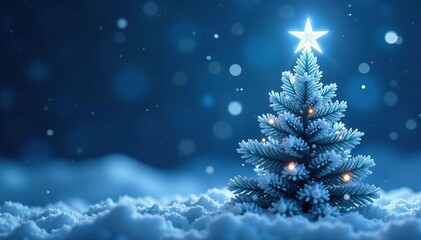 Icy blue and silver star shining brightly on top of a snowy white Christmas tree, Icey, Bright