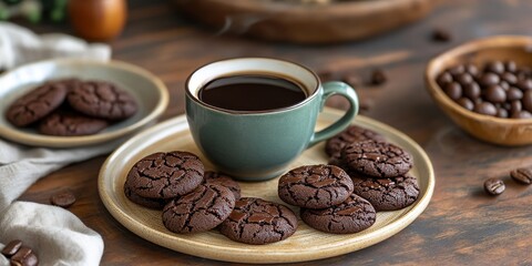 Delight in a cup of coffee paired with delicious chocolate cookies, creating a perfect moment to savor the rich flavors of coffee and the sweetness of chocolate cookies together.