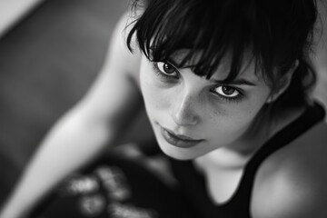 A woman's face in black and white, serious expression