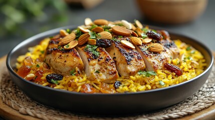 Sliced grilled chicken breast on saffron rice with almonds and raisins.